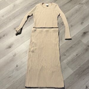 Beige Ribbed Knit Two Piece Skirt and Sweater Top - Size L